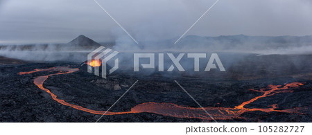 Aerial Panoramic view of Volcano Eruption. Aerial Panoramic view of Volcano Eruption. 105282727
