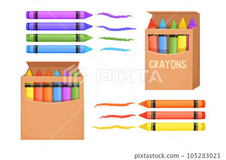 Set Wax crayons in carton box and with brush stroke in cartoon style isolated on white background. Preschool palette, pencils for education. 105283021