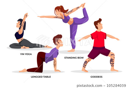 Illustration of men and women doing yoga pose exercises Illustration of men and women doing yoga pose exercises 105284039