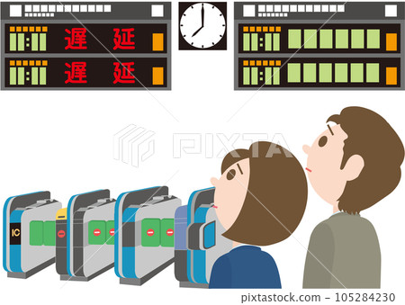 Railway operation status bulletin board _ with people _ up line _ delay _ down line _ normal operation _ men and women with embarrassed faces looking at the up line display 105284230