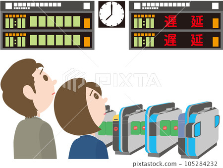Railway operation status bulletin board _ with people _ up line _ normal operation _ down line _ delay _ men and women with embarrassed faces looking at the display of the down line 105284232