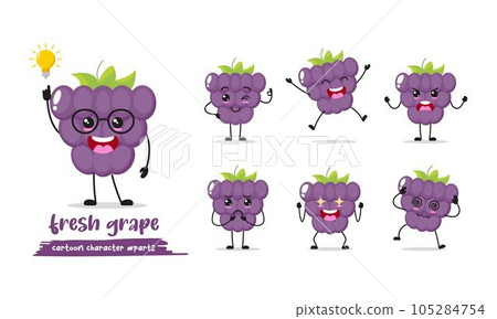 funny grape cartoon with many expressions. different fruit activity vector illustration flat design. smart grape for children story book. 105284754