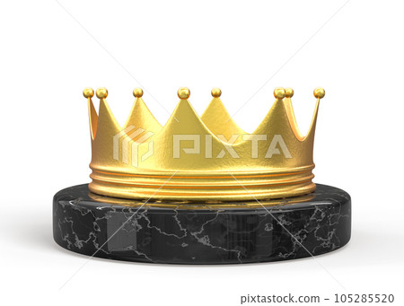 Golden royal crown for king and queen on black marble stone podium 3d render. Realistic luxury golden corona, medieval diadem for prince, princess or emperor, isolated museum exhibit. 3D illustration Golden royal crown for king and queen on black marble stone podium 3d render. Realistic luxury golden corona, medieval diadem for prince, princess or emperor, isolated museum exhibit. 3D illustration 105285520
