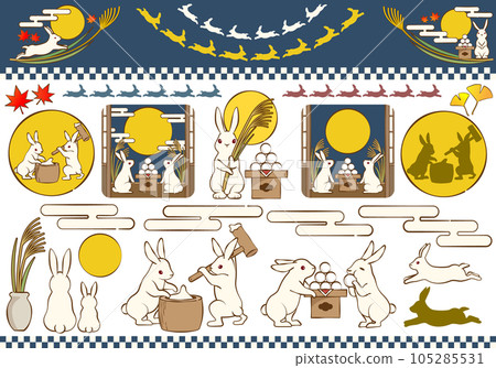 Full moon and rabbit illustration set 105285531