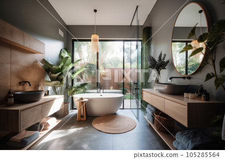 Luxurious modern bathroom featuring a spacious bathtub, minimalist mirror, and sleek sink. White marble tile, gold accents, and natural light complete the chic design. AI Generative. Luxurious modern bathroom featuring a spacious bathtub, minimalist mirror, and sleek sink. White marble tile, gold accents, and natural light complete the chic design. AI Generative. 105285564