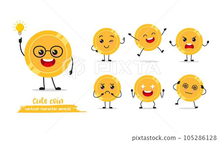 Coin cartoon with many expressions. different money activity vector illustration flat design. Funny Penny for children story book. 105286128