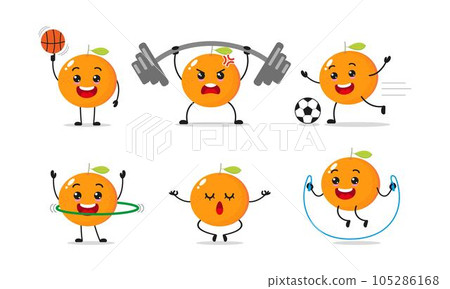 Orange Exercise Different Sport Activity Vector Illustration Sticker. Tangerine Many Face Expression Set. Orange Exercise Different Sport Activity Vector Illustration Sticker. Tangerine Many Face Expression Set. 105286168