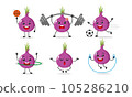 Red Onion Exercise Different Sport Activity Vector Illustration Sticker. Shallot Many Face expression set. 105286210