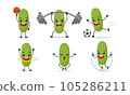 Title	 Cucumber Exercise Different Sport Activity Vector Illustration Sticker. Zucchini Many Face expression set. 105286211