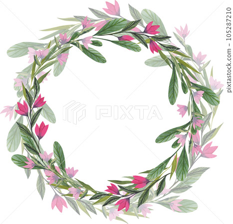Vector wreath with flowers. Elegant floral collection with isolated pink and purple flowers and green brunches with leaves. Design for invitation, wedding or greeting cards 105287210