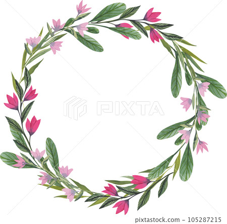 Vector wreath with flowers. Elegant floral collection with isolated pink and purple flowers and green brunches with leaves. Design for invitation, wedding or greeting cards Vector wreath with flowers. Elegant floral collection with isolated pink and purple flowers and green brunches with leaves. Design for invitation, wedding or greeting cards 105287215