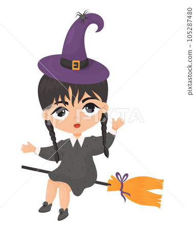 Cute cartoon witch girl in hat is flying on broomstick. Vector illustration. Halloween female magical character. Kids collection. 105287480
