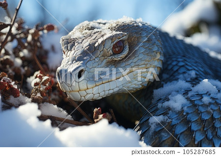 Snake in the snow, slithering through the icy terrain and trying to stay warm illustration generative ai 105287685