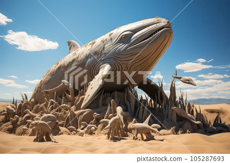 Whale in the desert, surfing on sand dunes and eating cacti, illustration generative ai 105287693