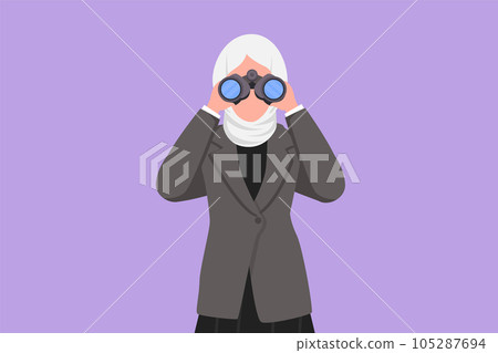 Graphic flat design drawing Arab businesswoman looking through binoculars searching for job. Find all opportunities in the world of suitable jobs. Business metaphor. Cartoon style vector illustration 105287694