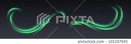 Northern lights or aurora borealis overlay, green luminescent trails with sparkles. 105287695