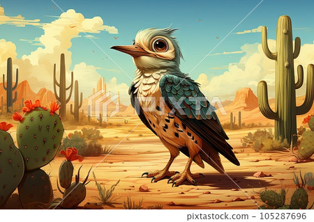A blue bird in the desert, surfing on sand dunes and eating cacti, illustration generative ai 105287696