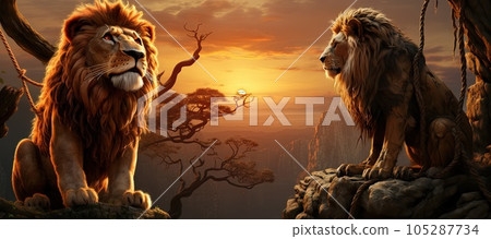 lion king at sunset on a rock top of the hill illustration generative ai 105287734