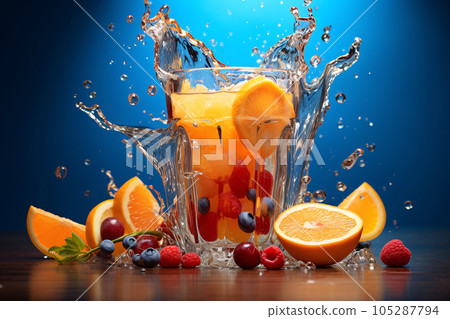 Healthy fruits juice splash and fruit smoothie in a glass on blue, AI Generated Healthy fruits juice splash and fruit smoothie in a glass on blue, AI Generated 105287794