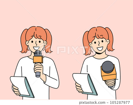 Little girl reporter with microphone smiling participating in shooting of educational TV show Little girl reporter with microphone smiling participating in shooting of educational TV show 105287977