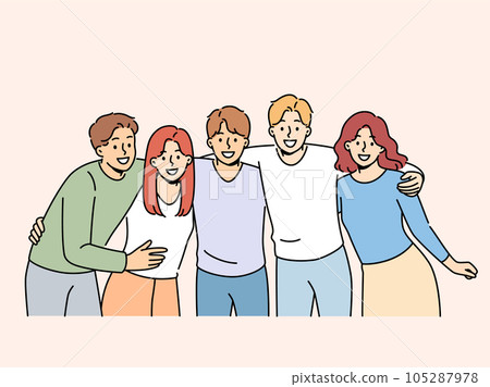 Group of teenagers high school students hug and laugh, enjoy being friends with peers and classmates Group of teenagers high school students hug and laugh, enjoy being friends with peers and classmates 105287978