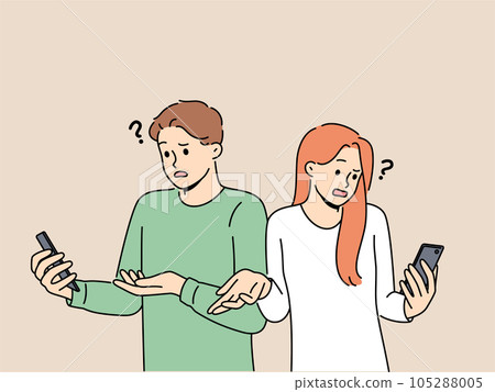 Embarrassed people with phone see error connecting to internet wifi or dead battery of gadget shrug 105288005