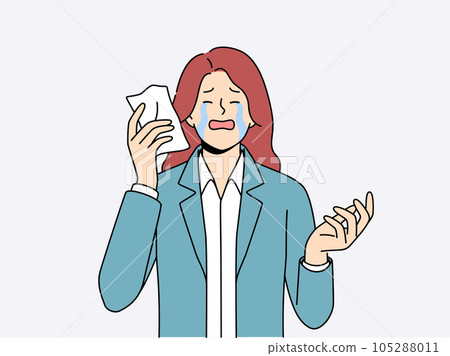 Upset woman crying wiping tears with paper napkin after business went bankrupt due to crisis Upset woman crying wiping tears with paper napkin after business went bankrupt due to crisis 105288011