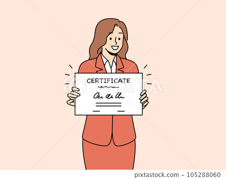 Business woman holds certificate confirming completion of professional education courses Business woman holds certificate confirming completion of professional education courses 105288060