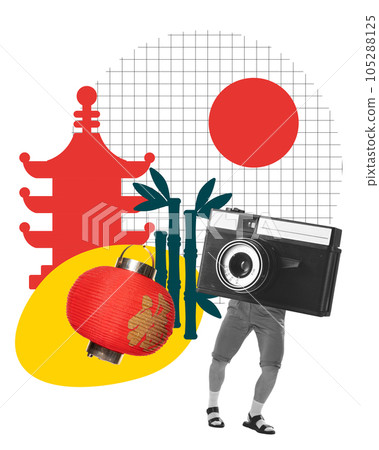 Mna travelling, enjoying asian culture, taking photos, visiting famous places of interest. Contemporary art collage. Mna travelling, enjoying asian culture, taking photos, visiting famous places of interest. Contemporary art collage. 105288125