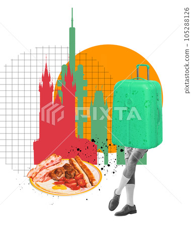 Man travelling to another country, eating english breakfast with eggs and bacon, walking around the city. Contemporary art collage. 105288126