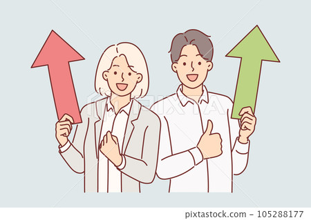 Successful business man and woman with up arrows showing victory gesture rejoicing in achievements 105288177