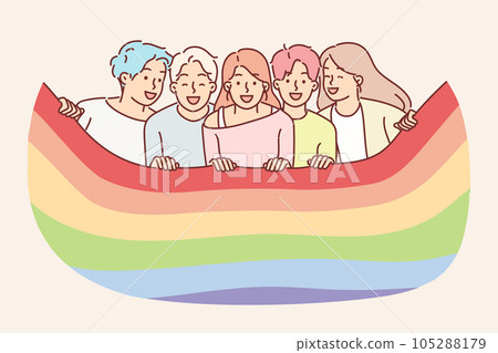 Diverse people with LGBT flag participate in pride festival speaking out for rights of gays 105288179