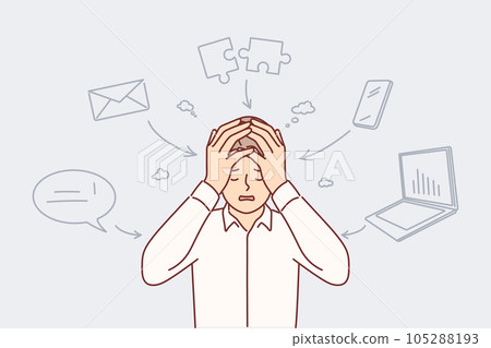 Business man feels headache and puts hands on head feeling pressure from overwork and burnout Business man feels headache and puts hands on head feeling pressure from overwork and burnout 105288193