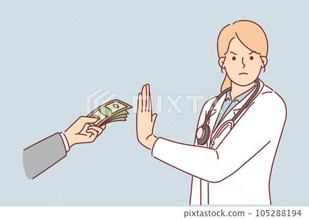 Woman doctor refuses money and corruption in healthcare system from pharmaceutical corporations 105288194