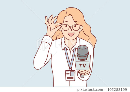 Woman reporter with microphone adjusts glasses and interviews politician or manager of corporation 105288199