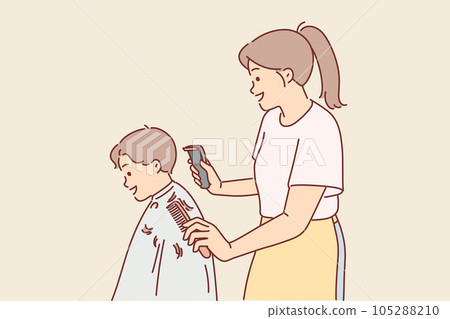 Woman children hairdresser cuts little boy hair and holds trimmer and comb in hands 105288210