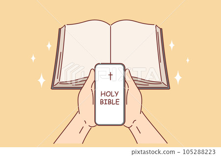 Holy bible in phone religious person and near book symbolizing digital applications for christians Holy bible in phone religious person and near book symbolizing digital applications for christians 105288223