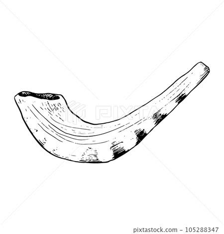 Small shofar from ram horn for Rosh Hashanah and Yom Kippur vector graphic illustration in black and white. Jewish new year traditional symbol in sketch style Small shofar from ram horn for Rosh Hashanah and Yom Kippur vector graphic illustration in black and white. Jewish new year traditional symbol in sketch style 105288347