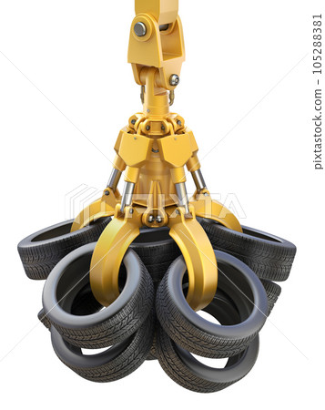 Industrial mechanical claw with tires isolated on white background - 3D illustration Industrial mechanical claw with tires isolated on white background - 3D illustration 105288381