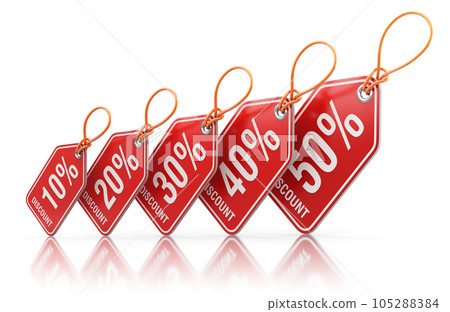 Red price tag labels with percent sale off - 3D illustration Red price tag labels with percent sale off - 3D illustration 105288384