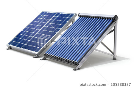 Solar panel generator and solar heater on white background - 3D illustration 105288387