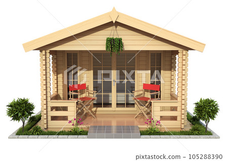 Garden wooden cabin (garden house) isolated on white background - 3D illustration 105288390