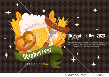 Oktoberfest German beer festival background. Design with glass of beer, pretzel and fork with sausage, wheat and leaves. Rhombus pattern on back Oktoberfest German beer festival background. Design with glass of beer, pretzel and fork with sausage, wheat and leaves. Rhombus pattern on back 105288562