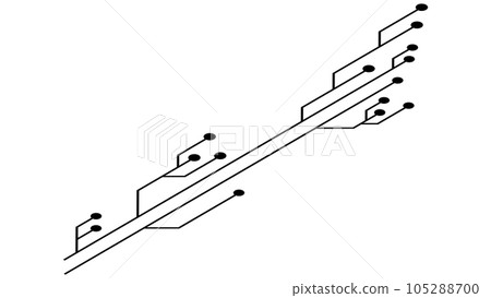 Isometric printed circuit board PCB tracks isolated on white background. Technical clipart with lines and dots at the ends. Design element. 105288700