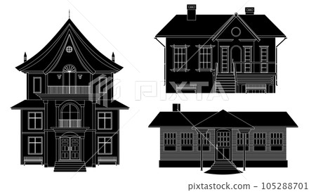 Set of black silhouettes of mansion and private houses isolated on white background. One-story houses and with several floors. Clipart. 105288701