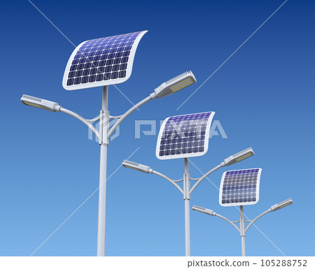 Row of LED street lamp with solar panel - 3D illustration Row of LED street lamp with solar panel - 3D illustration 105288752