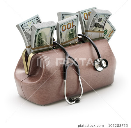 Retro brown leather doctor's bag with the money - 3D illustration Retro brown leather doctor's bag with the money - 3D illustration 105288753