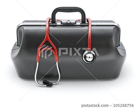 Retro black leather doctor's bag with the stethoscope in front view - 3D illustration Retro black leather doctor's bag with the stethoscope in front view - 3D illustration 105288756