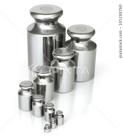 Calibration weight set with various sizes on a white background - 3D illustration 105288760