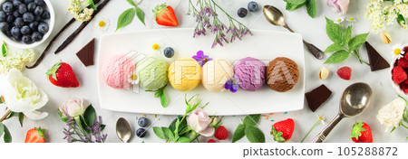 Set of various ice cream scoops and ingredients on white marble background, top view Set of various ice cream scoops and ingredients on white marble background, top view 105288872